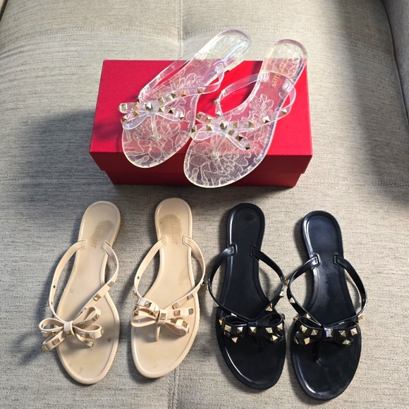 Gold Studded Bow Jelly Thong Sandals 3 pairs: Black, Nude, Clear Sz 40 - Picture 1 of 13